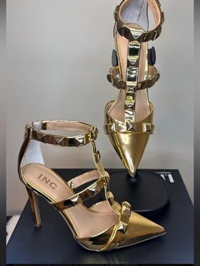 INC International Concepts Metallic Gold Studded Pointed-Toe Heels